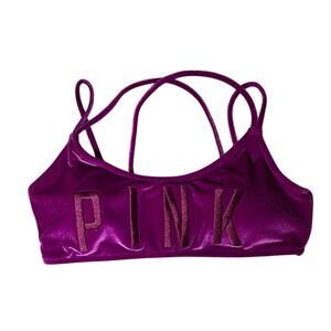 PINK Victoria Secret Purple Velour Cross Back Logo Bikini Swim Suit Top Size M